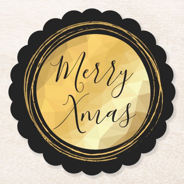 Black and gold metal merry Christmas calligraphy Paper Coaster (Front)