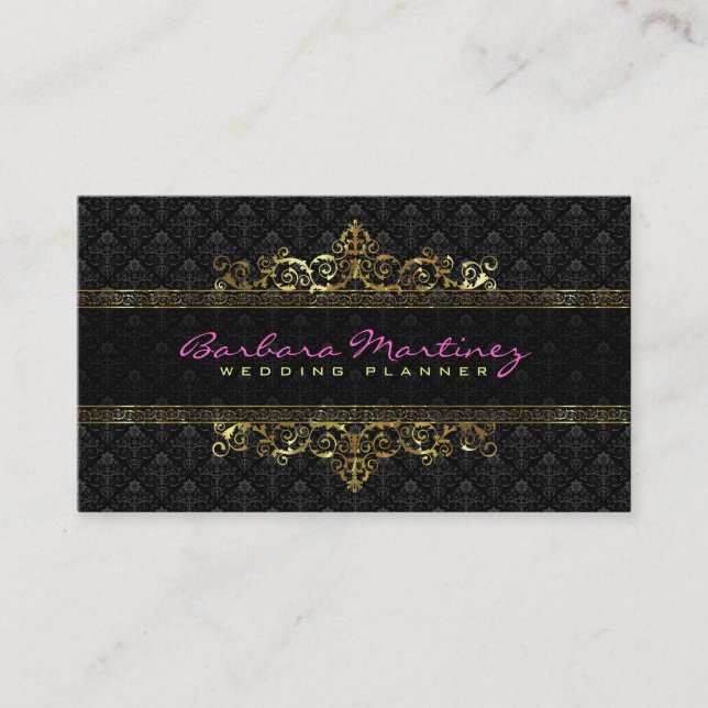 Black And Gold Metallic Floral Damasks & Frame Business Card (Front)