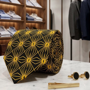 Black And Gold Mid Century Line Drawing Pattern Tie