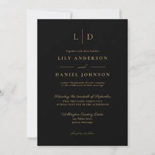 Black and Gold Minimalist Elegant Monogram Wedding Invitation