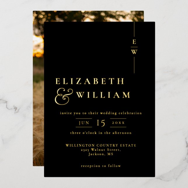 Black And Gold Minimalist Monogram Photo Wedding (Front/Back)