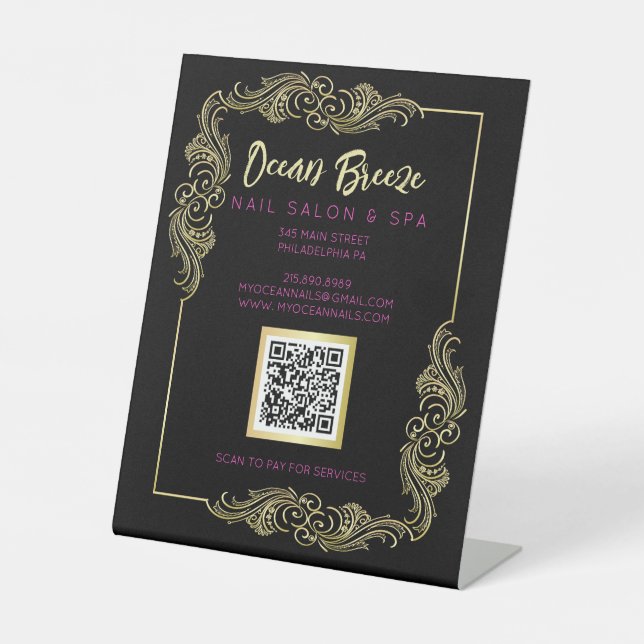 Black and Gold Mod Spa Business QR Code Frame Sign (Front)