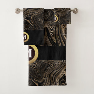 Black and Gold Modern Abstract Swirl Monogrammed Bath Towel Set