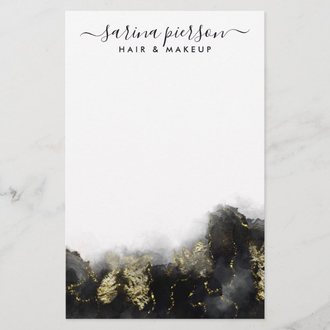 Black And Gold Modern Art Liquid Watercolor Ink Stationery (Front)