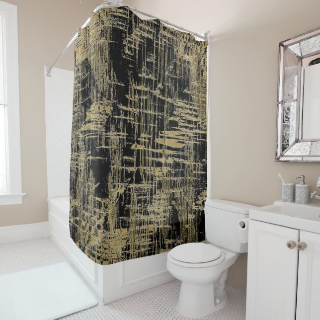 Black and Gold Modern Art Shower Curtain (In Situ)