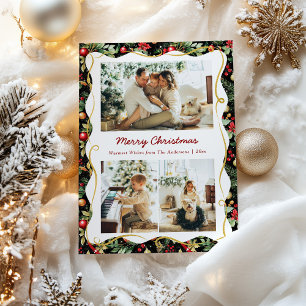 Black and Gold Modern Botanical Christmas 3 Photo Holiday Card