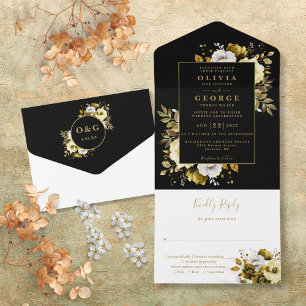 Black And Gold Modern Botanical Floral Wedding All In One Invitation