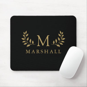 Black And Gold Modern Elegant Floral Monogram Name Mouse Mat