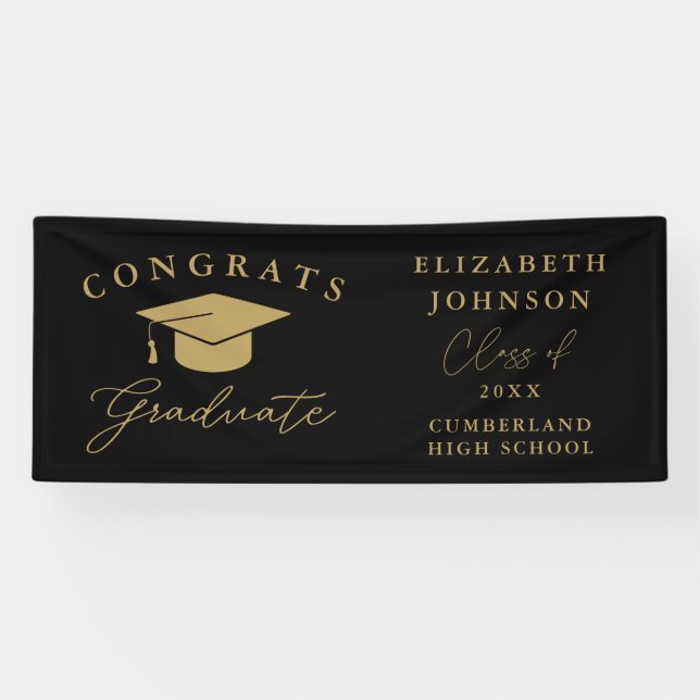 Black And Gold Modern Elegant Script Graduation Banner (Horizontal)