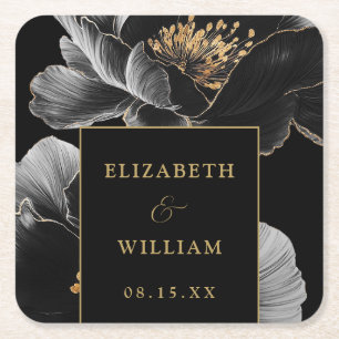Black And Gold Modern Floral Elegant Chic Wedding Square Paper Coaster