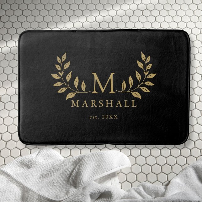 Black And Gold Modern Floral Monogram Family Name Bath Mat (Black And Gold Modern Floral Monogram Family Name Bath Mat)