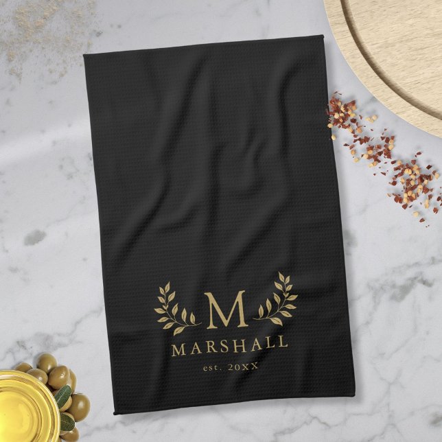 Black And Gold Modern Floral Monogram Family Name Tea Towel (Black And Gold Modern Floral Monogram Family Name Kitchen Towel)