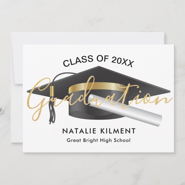 Black and Gold Modern Graduate Cap Graduation Announcement (Front)