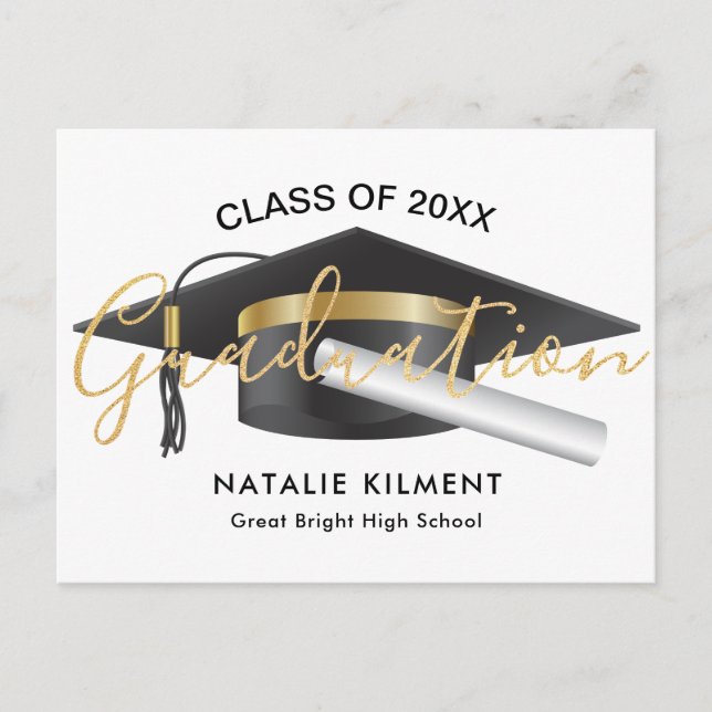 Black and Gold Modern Graduate Cap Graduation Announcement Postcard (Front)