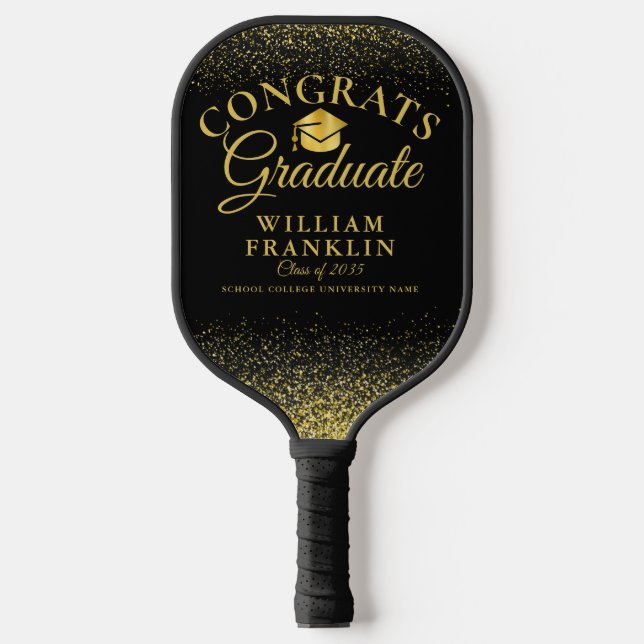 Black And Gold Modern Graduation Congrats Pickleball Paddle (Front)