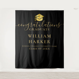 Black And Gold Modern Graduation Photo Backdrop Tapestry