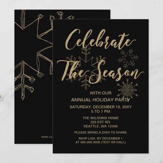 Black and Gold  Modern holiday Party Invitation (Front/Back)
