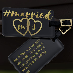 Black and Gold Modern Married Luggage Tags