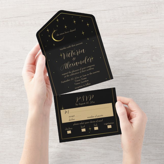 Black and Gold Modern Minimal Celestial All In One Invitation (Tearaway)