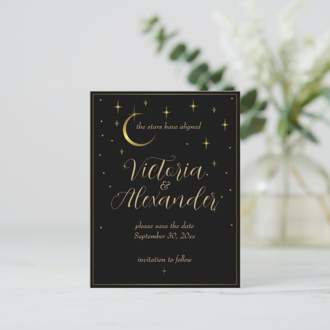 Black and Gold Modern Minimal Celestial Save Date Postcard (Standing Front)