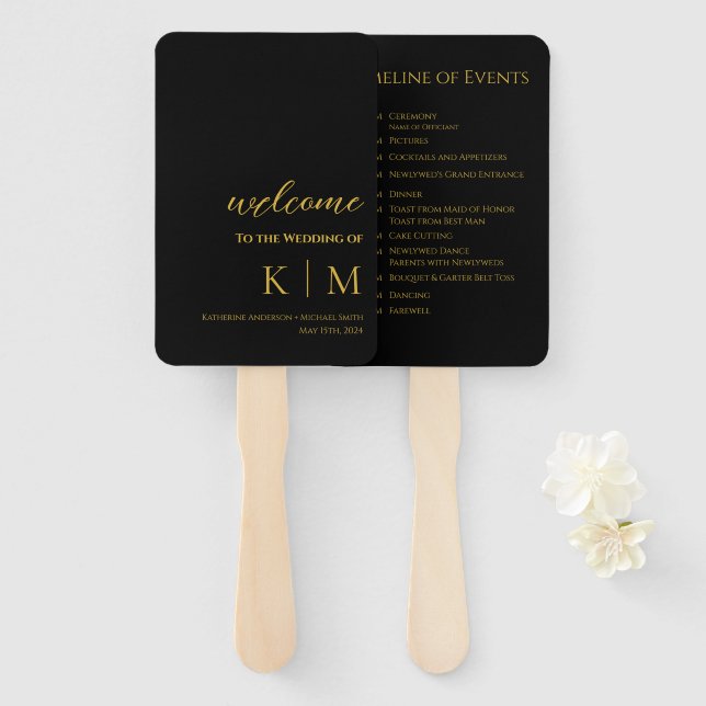Black and Gold-Modern- Monogram-Wedding Program- Hand Fan (Front and Back)
