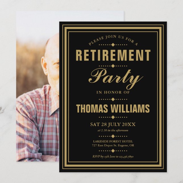 Black And Gold Modern Photo Retirement Party Invitation (Front/Back)