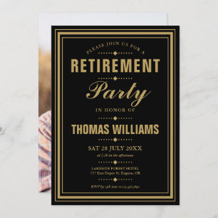 Black And Gold Modern Photo Retirement Party Invitation