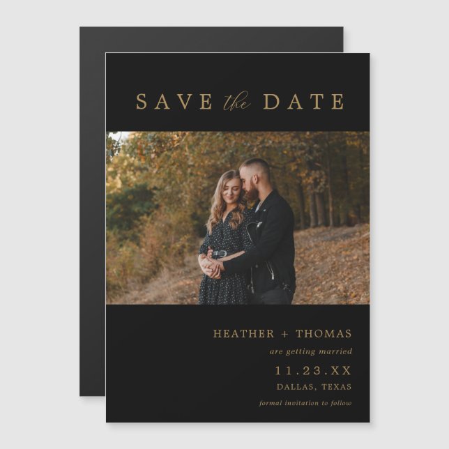 Black and Gold Modern Photo Save The Dates Magnet (Front/Back)