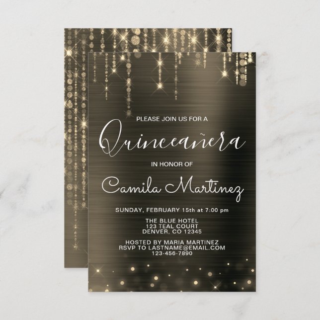 Black and Gold Modern Quinceanera Party Invitation (Front/Back)