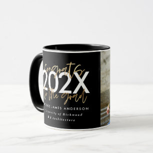 Black and gold modern script photo graduation mug