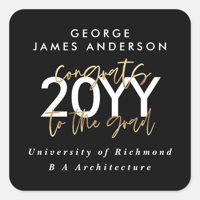 Black and gold modern script stylish graduation  square sticker (Front)