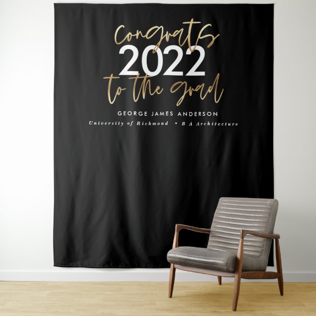 Black and gold modern script stylish graduation tapestry (In Situ)