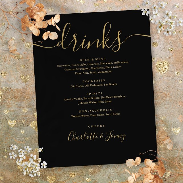 Black And Gold Modern Script Wedding Drinks Menu (Black And Gold Modern Script Wedding Drinks Menu Flyer)