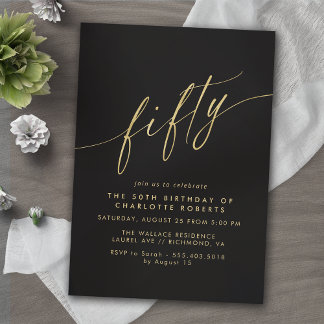 Black and Gold | Modern Sleek Glam 50th Birthday Invitation