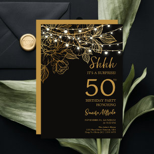 Black and Gold Modern Surprise 50th Birthday Party Invitation