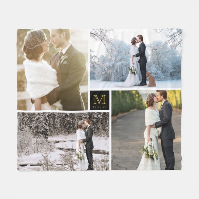 Black and Gold Monogram 4 Photo Collage Wedding Fleece Blanket (Front (Horizontal))
