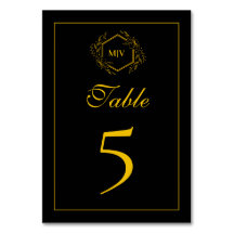 Black and Gold Monogram Crest Table Number Card