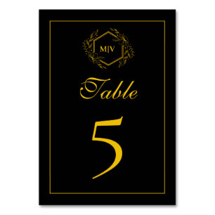 Black and Gold Monogram Crest Table Number Card