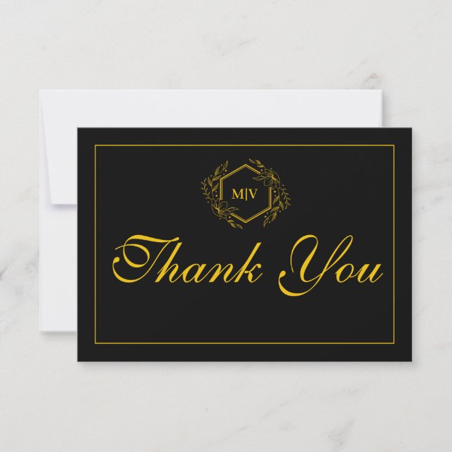 Black and Gold Monogram Crest Thank You Card (Front)