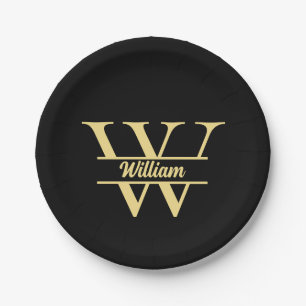 Black and Gold Monogram Elegant Initial Name Paper Plate