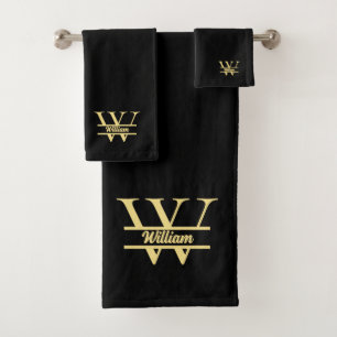 Black and Gold Monogram Elegant Initial Script Bath Towel Set