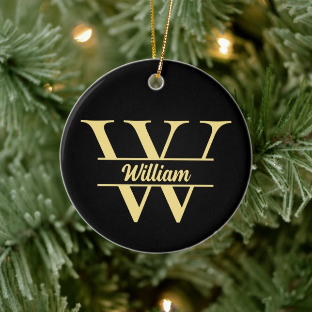  Black and Gold Monogram | Elegant Initial Script Ceramic Tree Decoration (Tree)