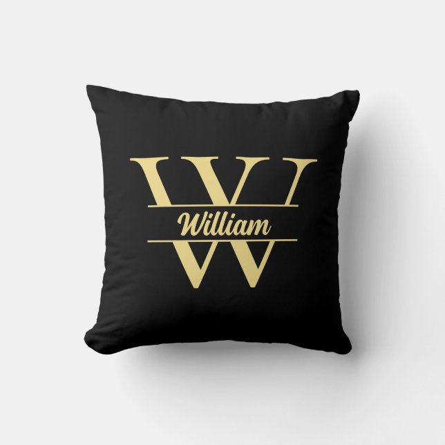 Black and Gold Monogram | Elegant Initial Script  Cushion (Front)