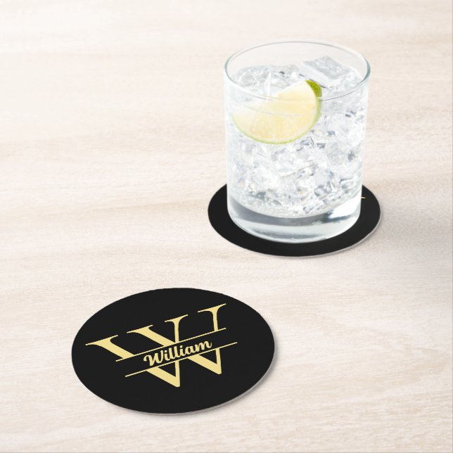 Black and Gold Monogram | Elegant Initial Script Round Paper Coaster (Insitu)