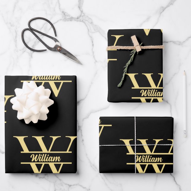 Black and Gold Monogram | Elegant Initial Script Wrapping Paper Sheet (Front)