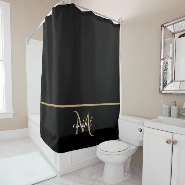 Black and Gold Monogram Elegant Luxury Shower Curtain (In Situ)