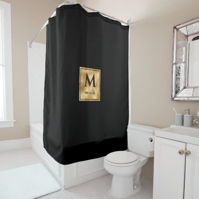 Black and Gold Monogram Elegant Luxury Shower Curtain (In Situ)