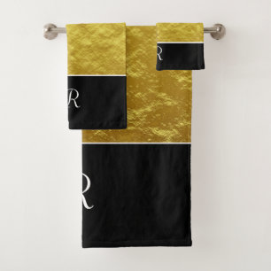 Black and Gold Monogram Initial Bath Towel Set