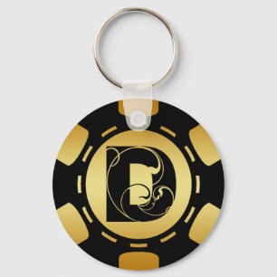BLACK AND GOLD MONOGRAM LETTER D POKER CHIP KEY RING