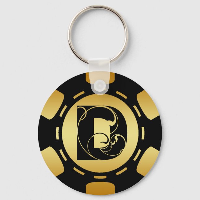 BLACK AND GOLD MONOGRAM LETTER D POKER CHIP KEY RING (Front)